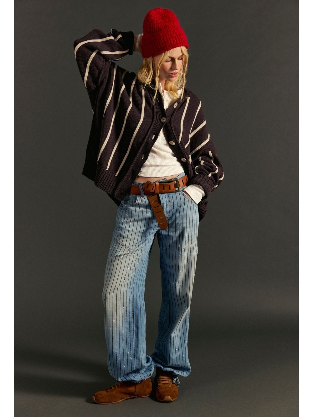 We The Free Free People Pinstripe Paint Splatter Carpenter Jeans 24 Wide Leg